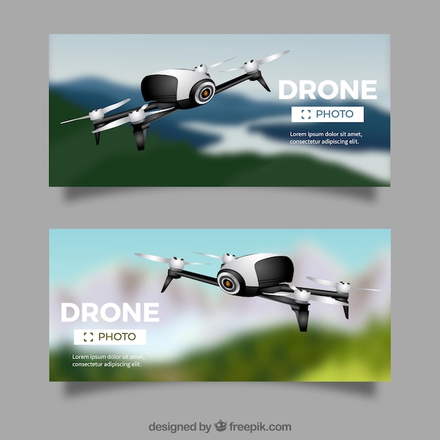 Free vector banners with drones in sky