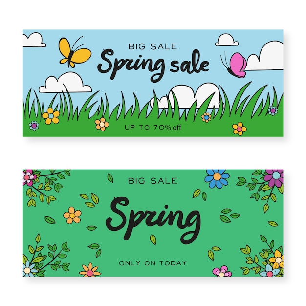 Banners with hand drawn spring elements