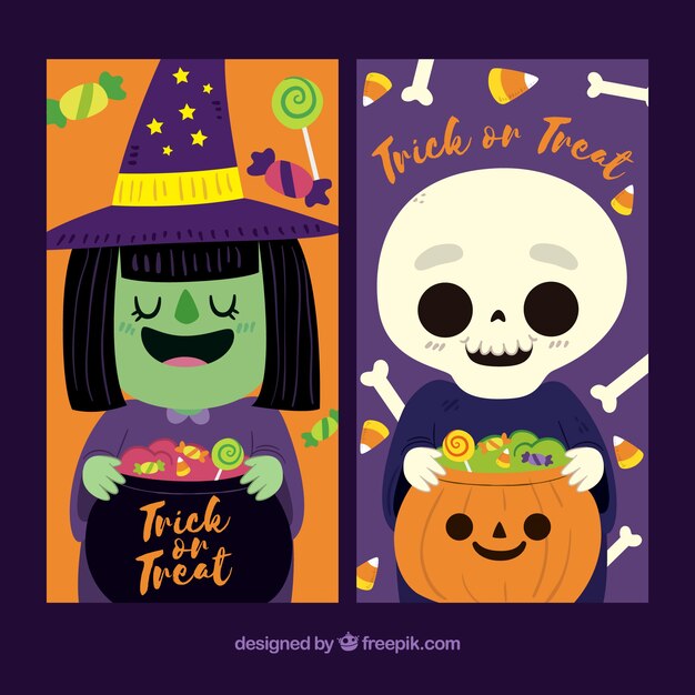 Banners with lovely halloween characters
