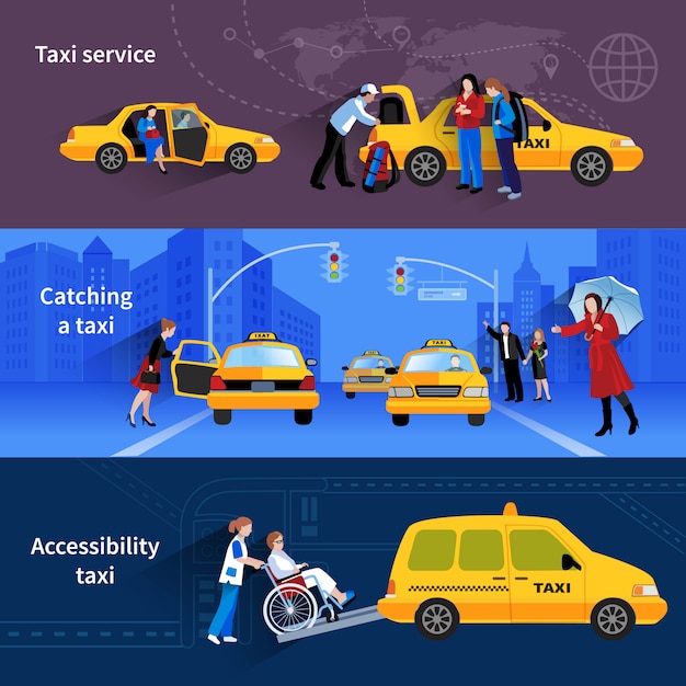 Banner con scene di servizio taxi che prendono taxi e taxi per l'accessibilità