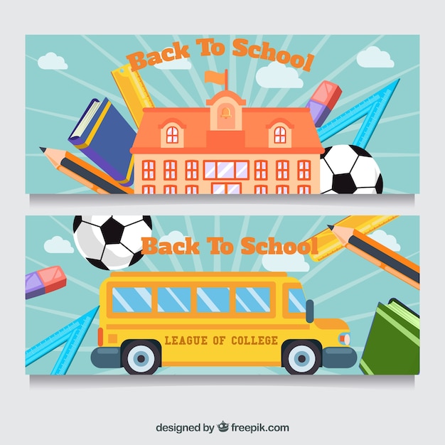 Banners with school bus, building and accesories