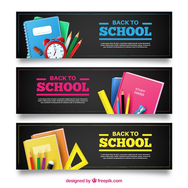 Banners with school materials and clock alarm