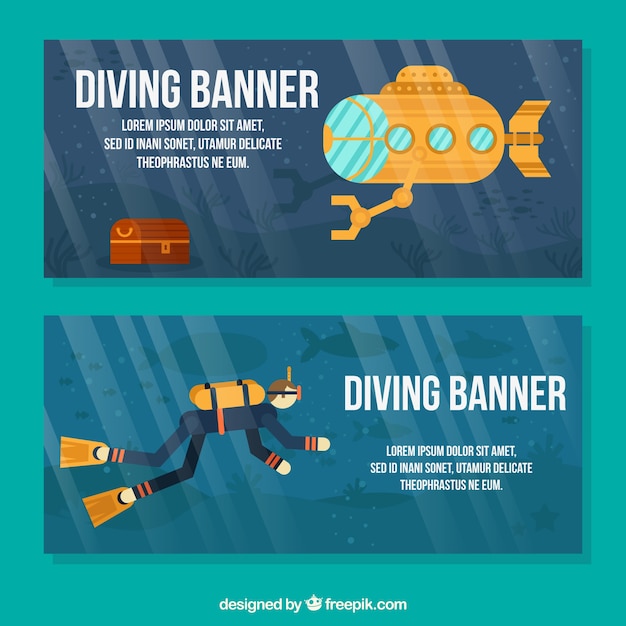 Banners with a scuba diver and yellow submarine