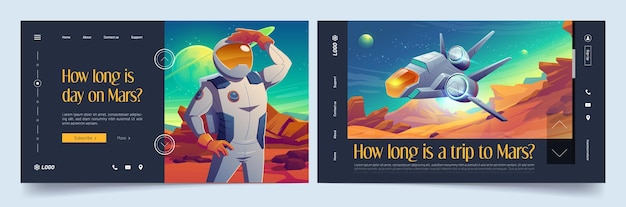 Free vector banners with spaceman and spaceship on mars