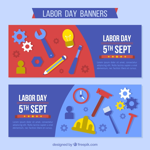 Free vector banners with tools in flat style celebration of labor day