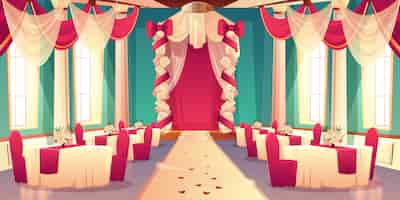 Vettore gratuito corridoio di banchetto, sala da ballo in castello pronto per l'interno di vettore del fumetto di cerimonia di nozze fiore decorato