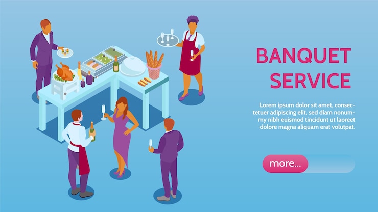 Free Vector banquet reception service hall management online event booking isometric website page with appetizers food drinks
