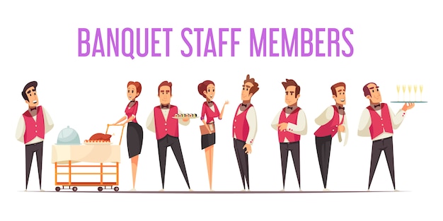 Free vector banquet staff members in uniform with food at professional equipment on white background cartoon