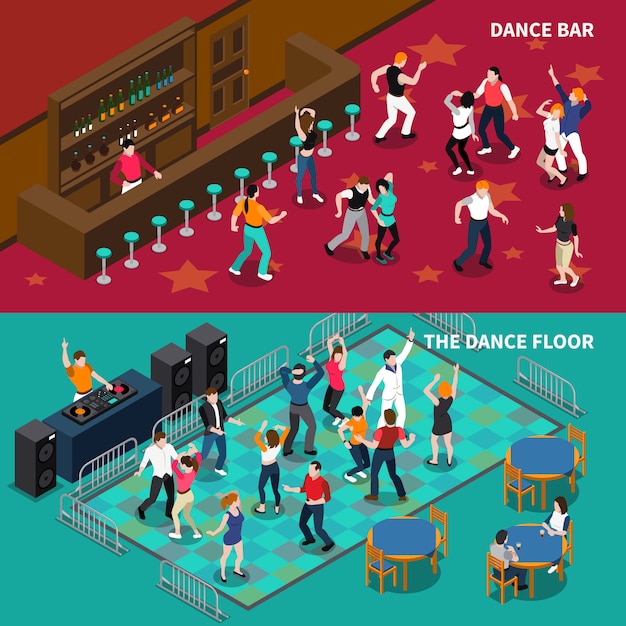 Free vector bar dance floor 2 isometric banners