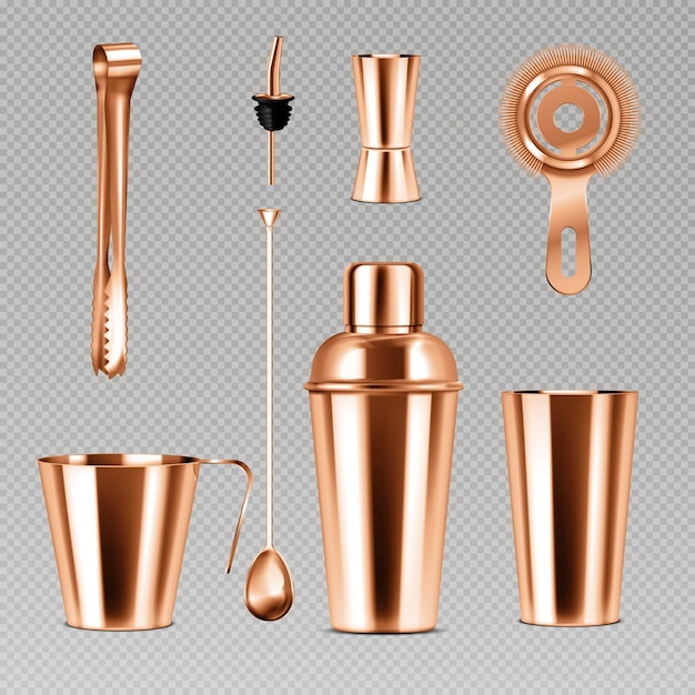 Free vector bar equipment realistic set with shiny metal shaker jigger strainer spoon geyser tongs isolated on transparent background vector illustration