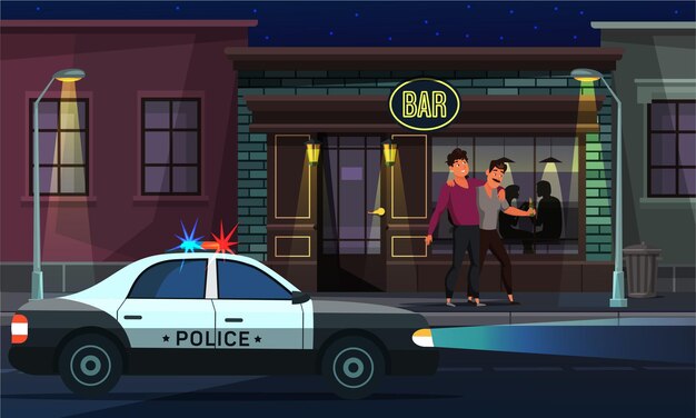 Bar exterior and drunk male pub visitors police patrol car near bar building Town street patrolling law and order crime prevention policing concept