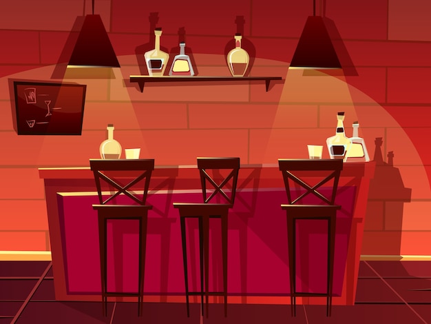 Бесплатное векторное изображение Бар или паб счетчик иллюстрации. мультяшный плоский передний интерьер пивной бары со стульями