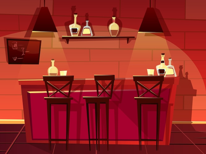 Bar or pub counter illustration. cartoon flat front interior of beer bar  with chairs | Free Vector