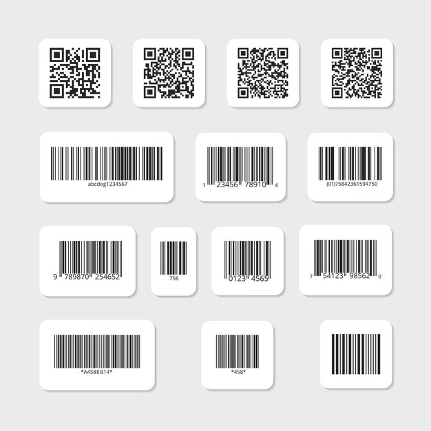 Набор штрих-кодов и QR-кодов на белых наклейках. Данные на этикетке, идентификационная полоса