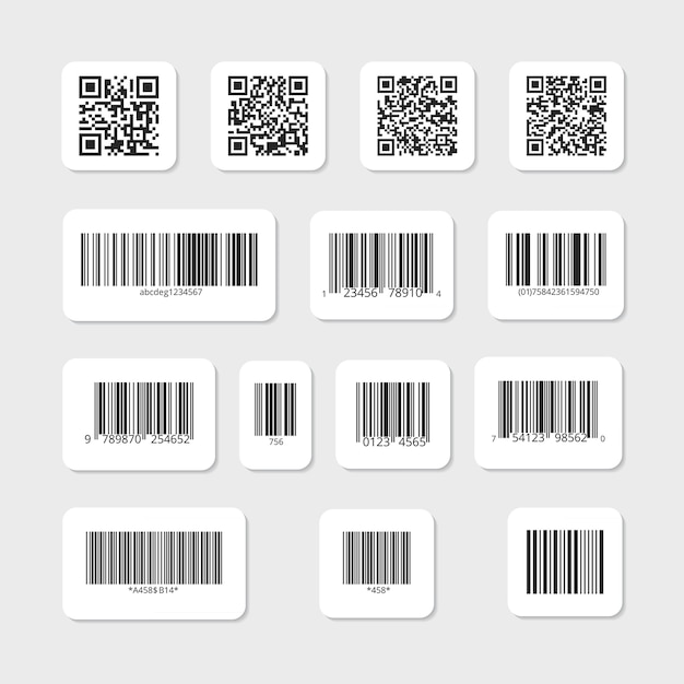 Набор штрих-кодов и QR-кодов на белых наклейках. Данные на этикетке, идентификационная полоса