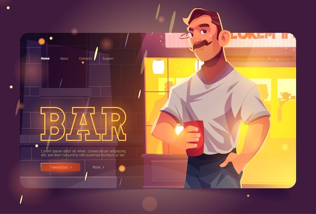 Sito web del bar con l'uomo sullo sfondo del fronte del pub