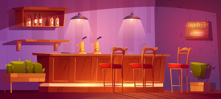 Free Vector bar with wooden counter beer pumps and bottles