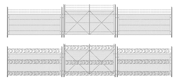 바브 와이어 울타리, 게이트 그리드. 3 개의 세그먼트 은색 펜싱, 금속 강철 기둥으로 분리 된 주변 보호 장벽
