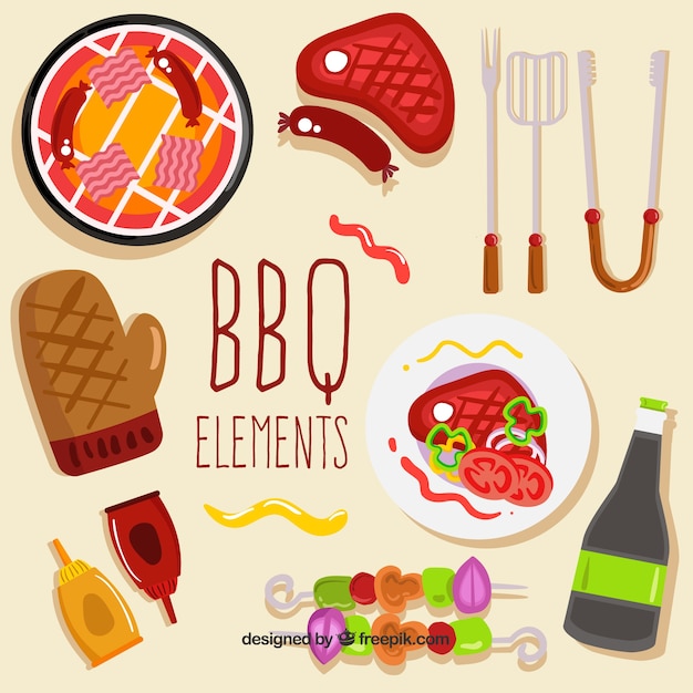 Vettore gratuito stile disegnato collezione di elementi di barbecue in mano