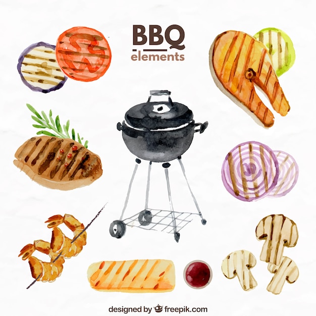 Free vector barbecue elements in watercolor effect