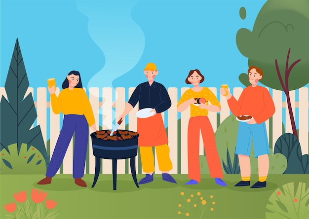 Vettore gratuito festa barbecue in fondo piatto del paese con giovani divertenti che bevono e mangiano all'illustrazione di vettore della natura