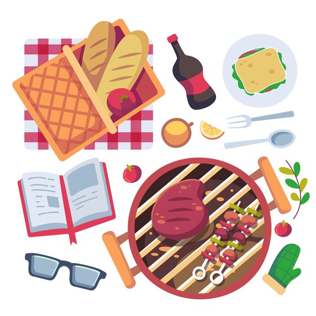 Barbecue and picnic set Family outing weekend collection with barbeque grill and grilling tools Vegetarian barbecue set Vector illustration