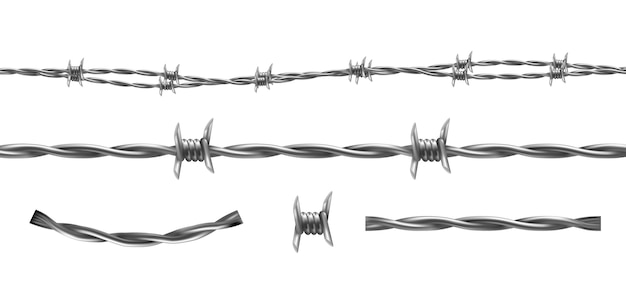 Бесплатное векторное изображение Иллюстрация колючей проволоки, горизонтальный бесшовный узор и отдельные элементы изоляции barbwire
