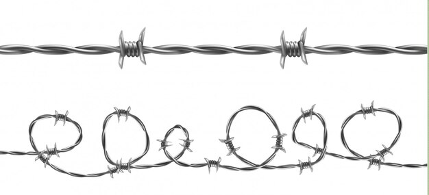 Barbed wire illustration, horizontal seamless pattern with twisted barb wire