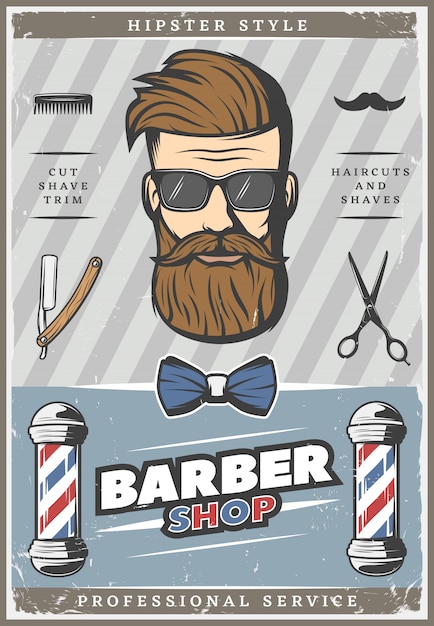 Vettore gratuito poster vintage di barbiere hipster