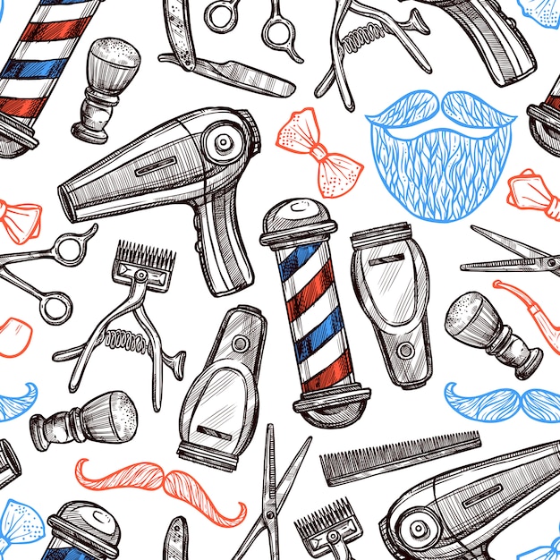 Attributi del negozio di barbiere doodle seamless pattern