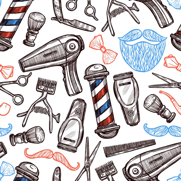 Free Vector  barber shop attributes doodle seamless pattern 