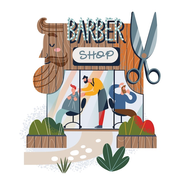 Free vector barber shop building facade with customers small local barbershop with scissors on signboard and storefront window beauty salon with hairdresser cutting mans hair