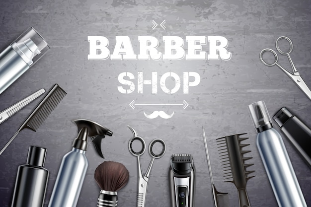 Free vector barber shop hair styling tools supplies set realistic monochrome top view with shaving brush vector illustration