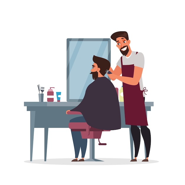 Free vector barber shop hairdressing room with professional stylist in apron and client in armchair cartoon characters man doing haircut with electric hair clipper