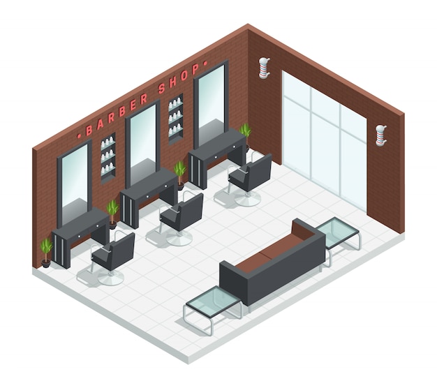 Free vector barber shop salon isometric interior with studio room composition mirrors