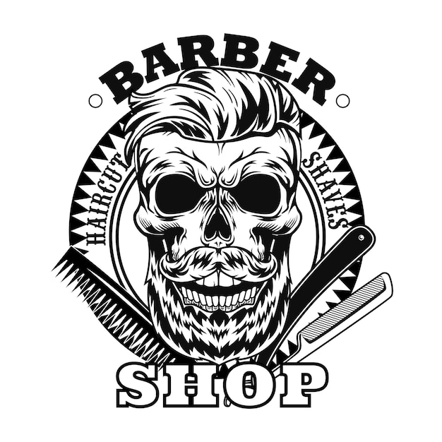 Barber tools and bearded skull vector illustration. Shaving razor and comb, circular stamp with text sample