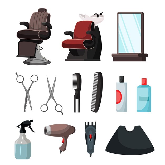 Barbershop equipments and accessories set Armchair chair with sink mirror razor comb brush scissors hair dryer shampoo conditioner shaving gel water spray