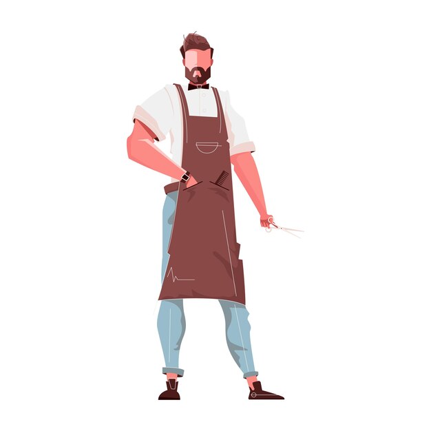 Парикмахерская плоская композиция с изолированным персонажем бородатого мужчины в манишке с векторной иллюстрацией ножниц