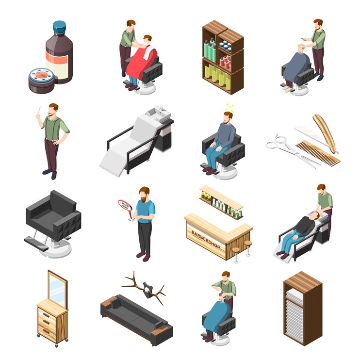 Free Vector barbershop isometric icons and characters