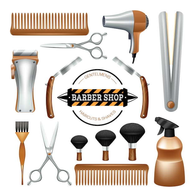 Barbershop sign and tools comb scissors brush razor color decorative icon set