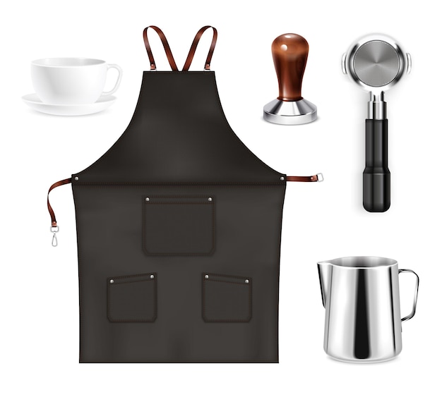 Free vector barista equipment realistic set with pot cup black apron holder tamper isolated vector illustration