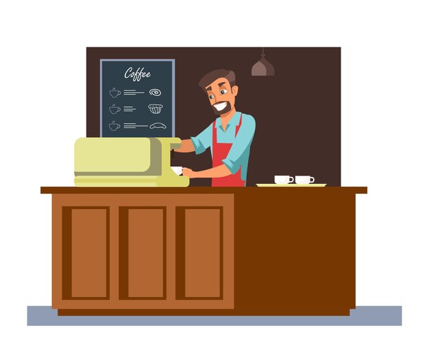 Barista making coffee cheerful man in apron standing behind counter cartoon character Smiling cafeteria employee holding cup catering service beverage sale business