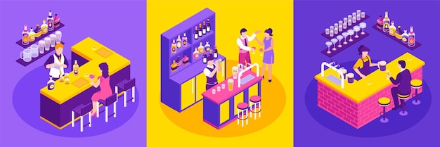 Free vector barman isometric design concept with bartenders serving customers and making cocktails isolated 3d vector illustration