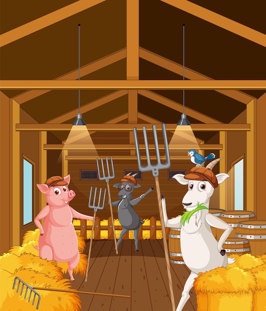 Free vector barn indoor scene with farm animals