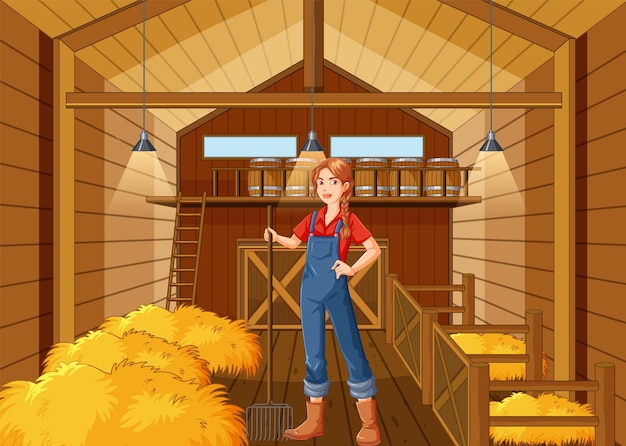 Free vector barn indoor scene with farmer girl