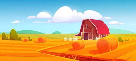 Бесплатное векторное изображение Сарай на ферме природа сельский баннер со стогами сена на поле