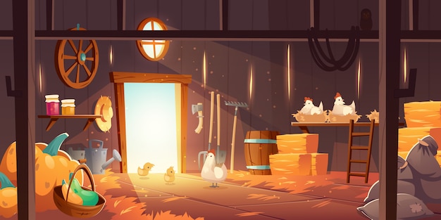 Бесплатное векторное изображение Сарай на ферме с цыплятами, соломой и сеном