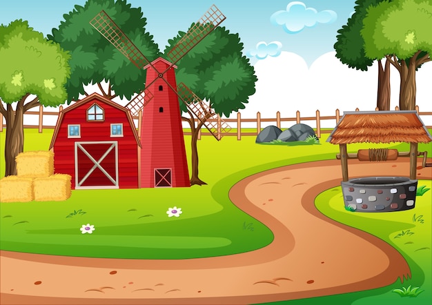 Free vector barn and widmill in farm scene