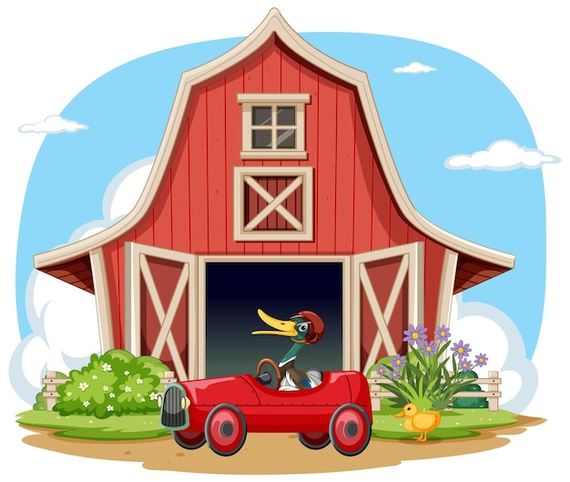 Free vector barnyard fun with vintage red car