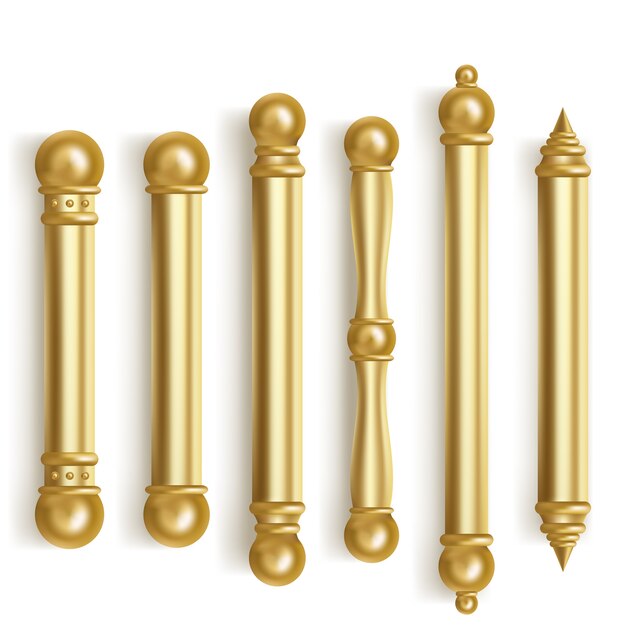 Baroque gold door handles for room interior in office or home. realistic set of vintage golden long door pull knobs. Bar shape handles with balls isolated on white background